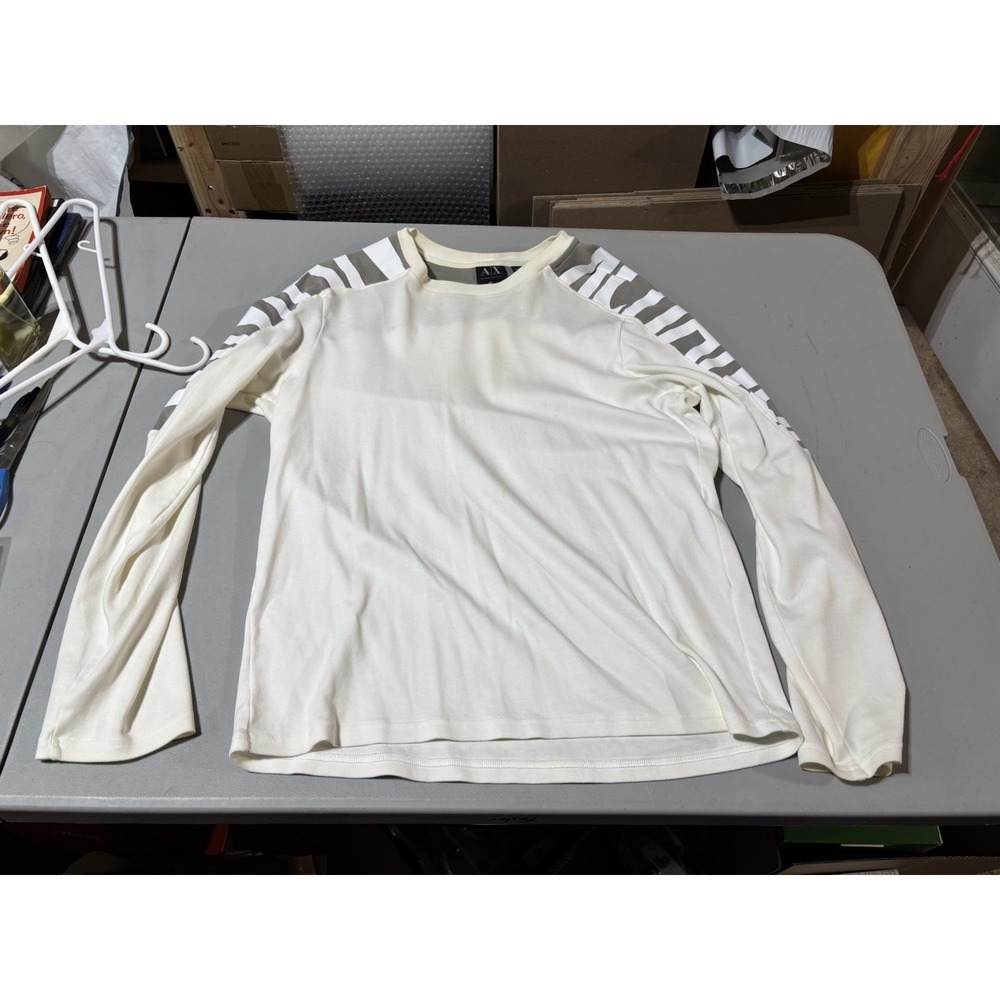 Vtg Armani Shoulder Spell Out‎ L White Gray T Shirt